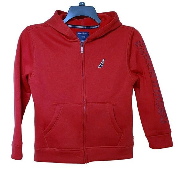 Nautica Boys Youth Zip-Up Hoodie Jacket Sweatshirt Cherry Red Sz M 10-12 Pockets - Picture 1 of 5